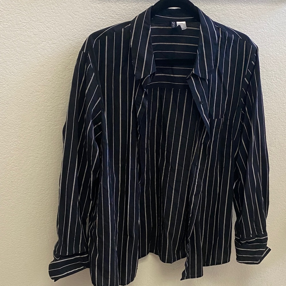 Divided Black and White Striped Button Down Shirt